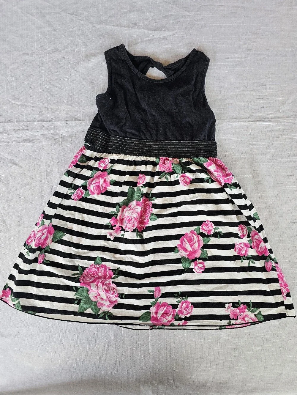 L A Conduct Pink floral, Black & White stripes Sleeveless Summer Dress Girl's L